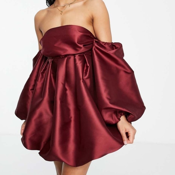 ASOS LUXE Bubble Babydoll Off-shoulder Satin Mini Dress Deep Red/Burgundy Size 2 - Picture 5 of 14